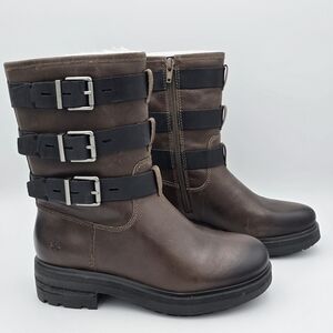 Lucky Brand Brown Leather Combat Boots with Black Straps